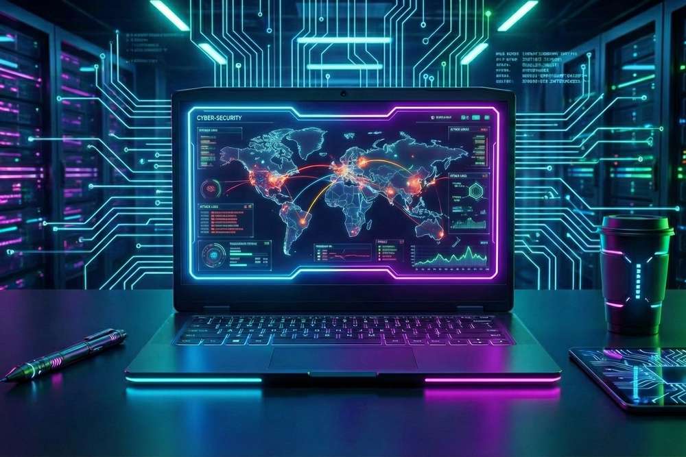 התקפת סייבר בדשבורד מסך מחשב.